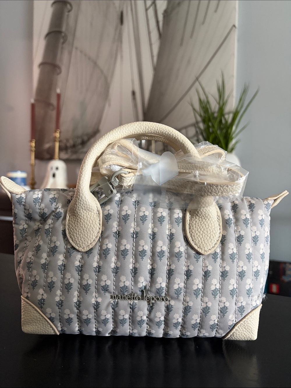 Nanette Lepore Cream Quilted Satchel with Blue Floral Print